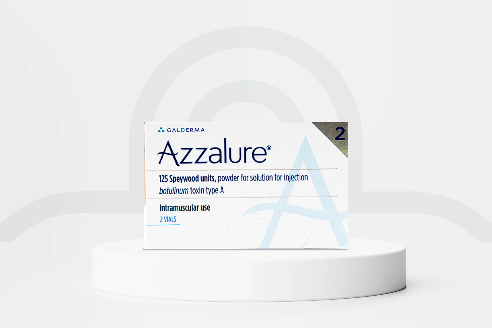 Image of a box of Azzalure Injections, containing 125 Speywood units of powder for solution for injection, indicated as containing botulinum toxin type A. The packaging notes it is for intramuscular use and includes two vials. The box is elegantly displayed on a white circular platform.