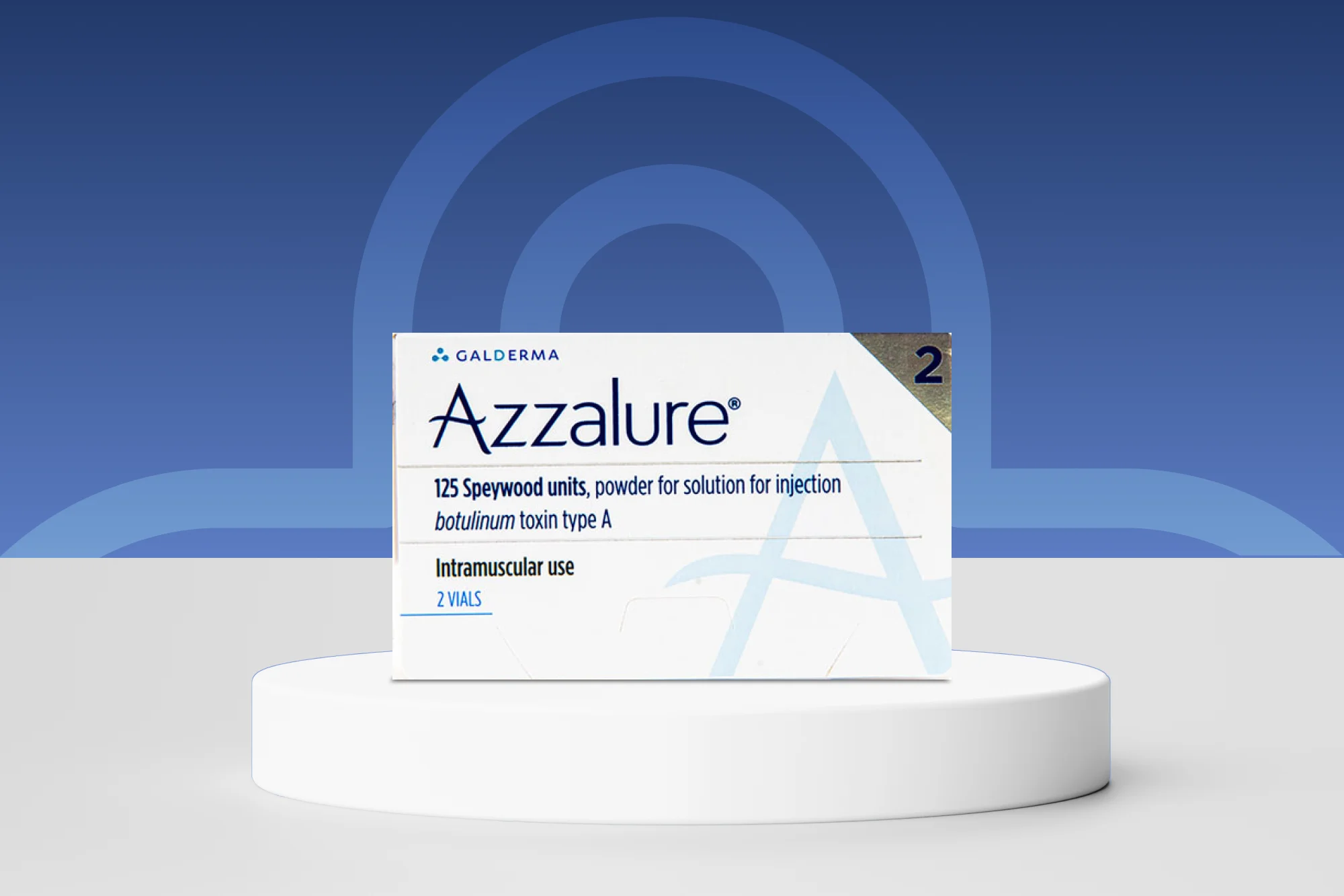 A box of Azzalure botulinum toxin type A, labeled "125 Speywood units, powder for solution for injection," designed for intramuscular use. The box is displayed on a white circular platform with a blue gradient background. Discover and buy AZZALURE online for convenient access to this effective solution.