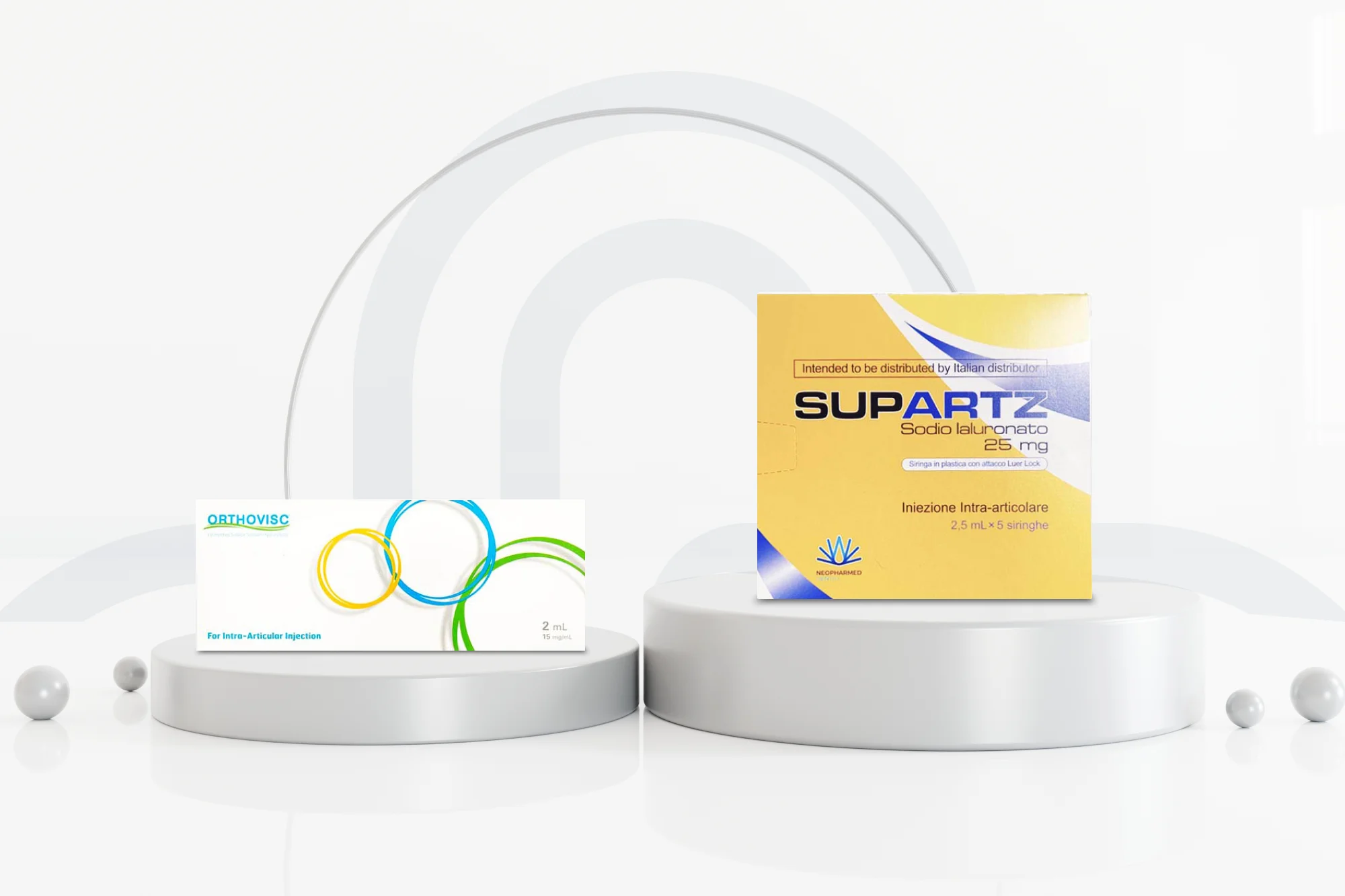 Two medical product boxes are displayed on round, white platforms. The left box, labeled "ORTHOVISC" with colorful circles, contrasts the predominantly yellow "SUPARTZ" box on the right. Gray arches and spheres decorate the background, highlighting the comparison of Orthovisc vs Supartz.