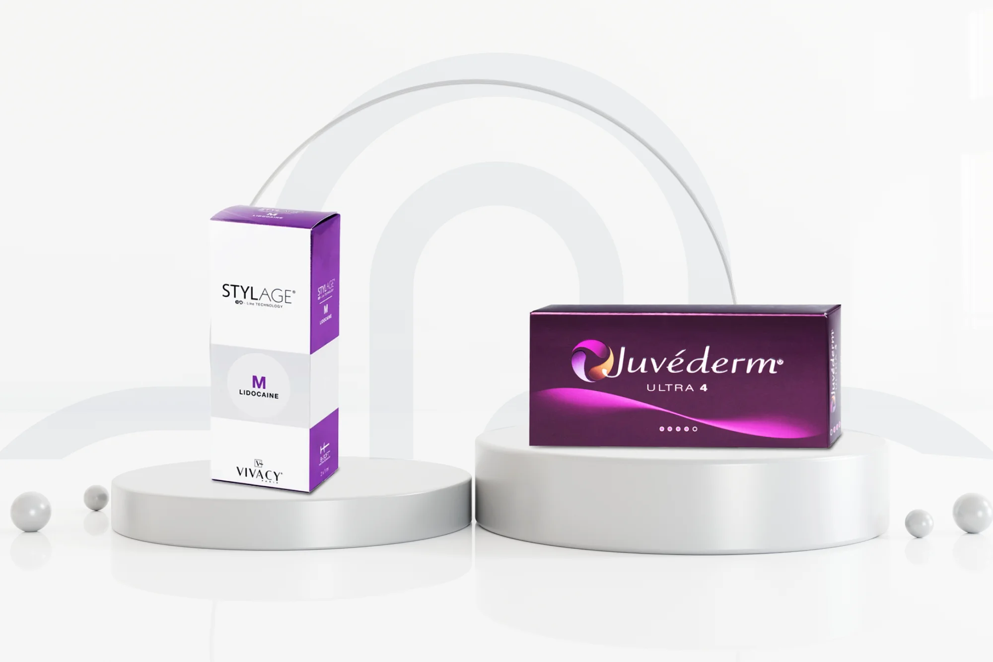 The image shows two cosmetic product boxes displayed on raised platforms. The left box, labeled "Stylage with Lidocaine," stands upright in white and purple packaging. The right box, labeled "Juvéderm Ultra 4," lies horizontally in dark purple packaging. This highlights the contrast between Stylage y Juvederm products.