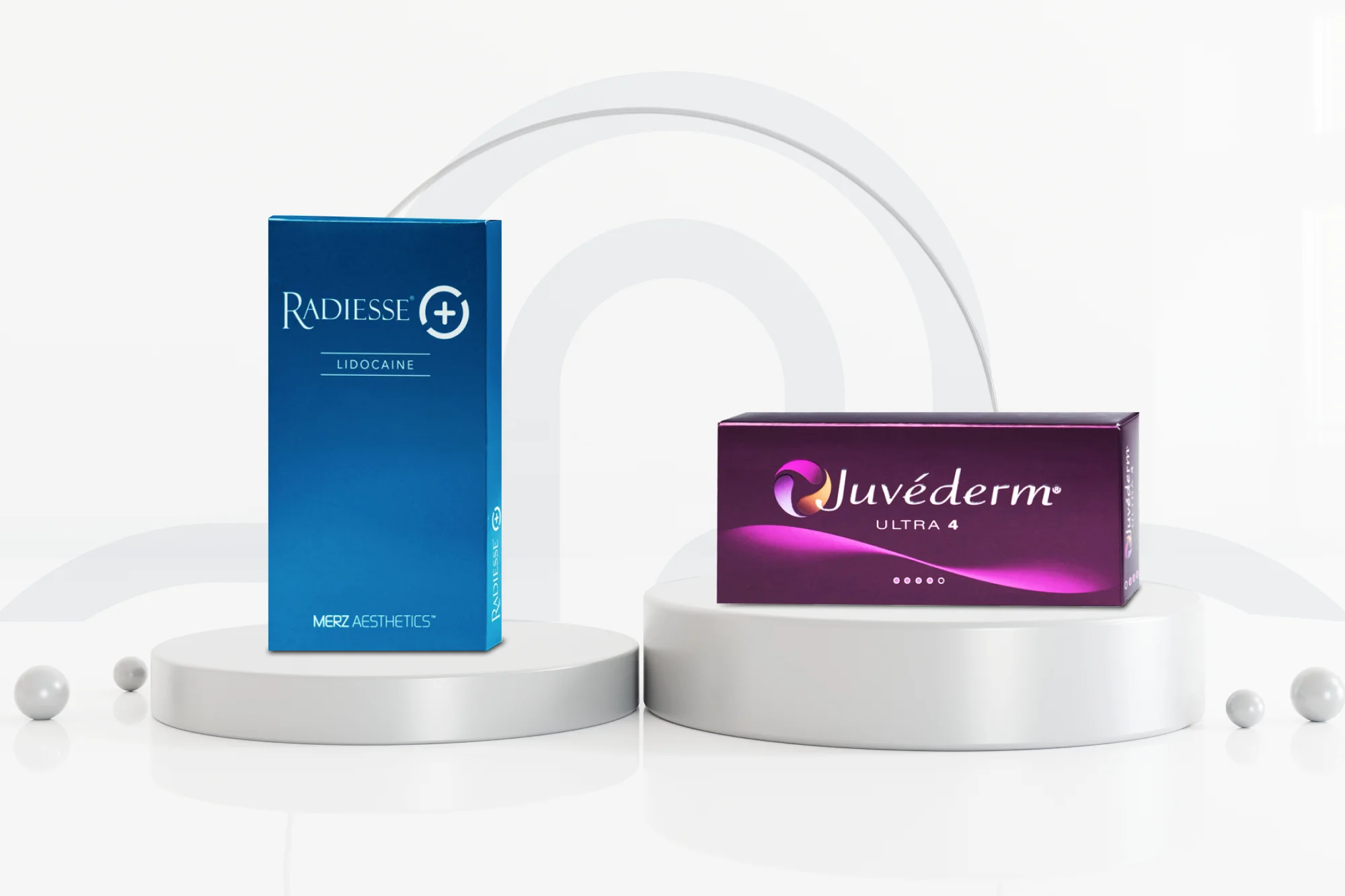 Two product boxes are displayed on white circular platforms. The left box is blue and labeled "Radiesse+ Lidocaine," while the right box is purple and labeled "Juvéderm Ultra 4." The background, with its abstract circular designs, subtly hints at the Radiesse vs Juvederm comparison.