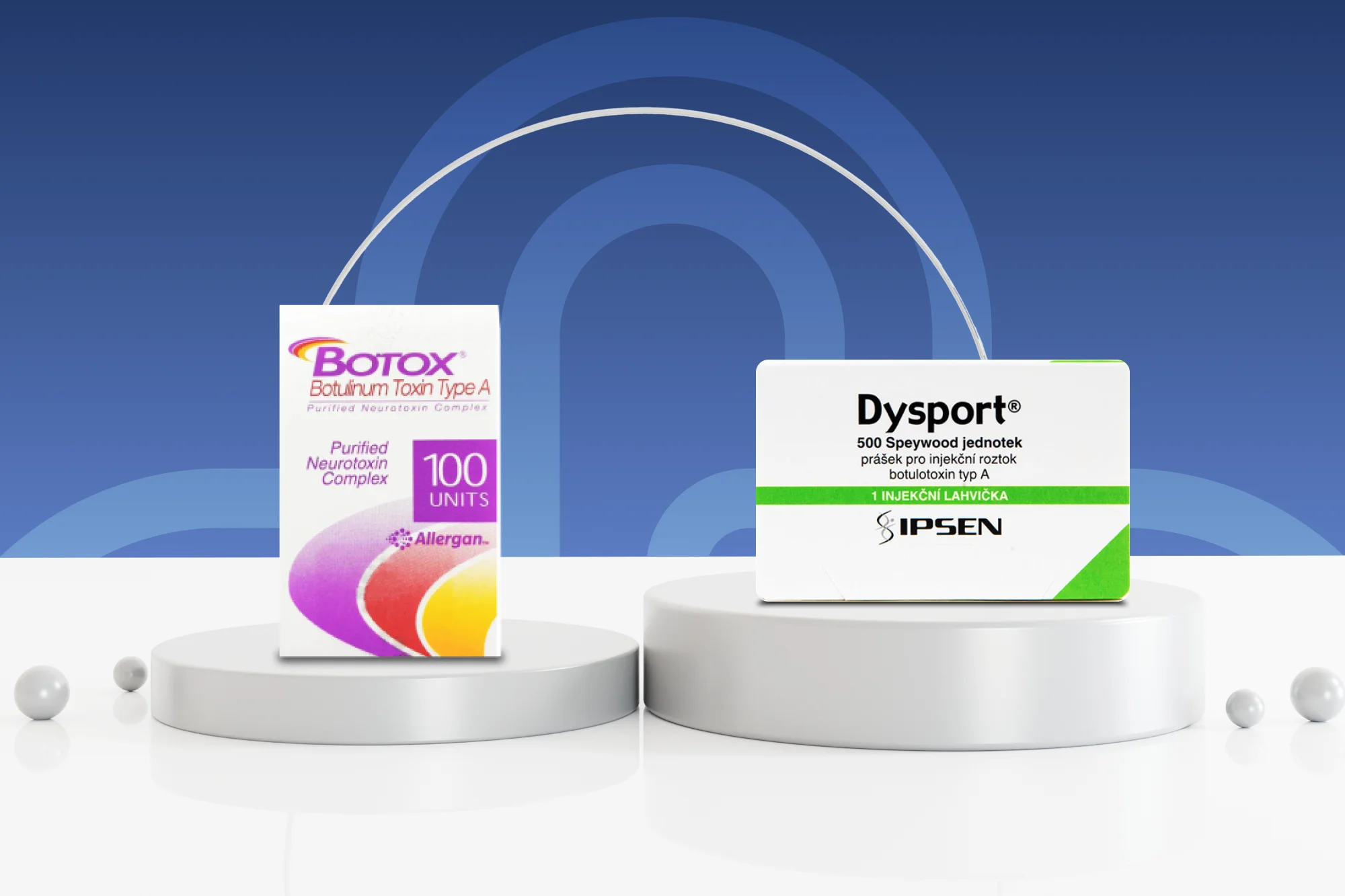 Two medication boxes on raised circular platforms against a blue background with circular patterns. On the left is a box labeled "Botox" in white and purple, and on the right is a box labeled "Dysport" in white with green accents, highlighting the botox vs dysport comparison.