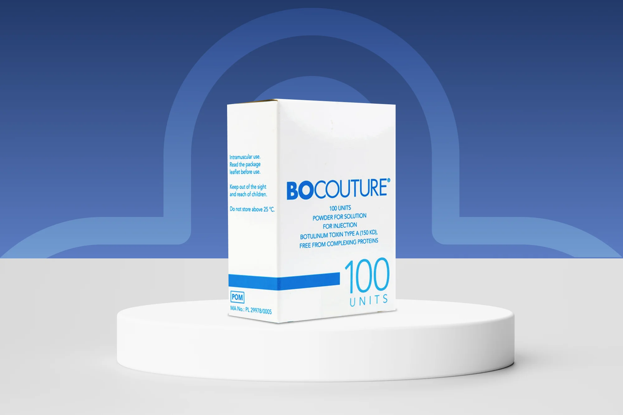 A white box labeled "Bocouture" sits on a white, circular podium against a blue background. The box indicates it contains 100 units of a product for injection. Blue and gray text and graphics decorate the packaging, making it inviting to those looking to buy Bocouture online.