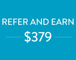 A blue background with white text that reads "REFER A COLLEAGUE AND EARN $379," accompanied by horizontal lines on either side of the dollar amount.