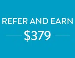 A blue background with white text that reads "REFER A COLLEAGUE AND EARN $379," accompanied by horizontal lines on either side of the dollar amount.
