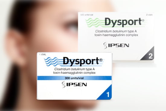 The image shows two boxes of Dysport, a branded medication for Clostridium botulinum type A toxin-haemagglutinin complex, by Ipsen. One box is labeled with 2 vials and the other with 1 vial, both featuring the Ipsen logo and similar designs. You can easily buy Dysport online for your convenience.