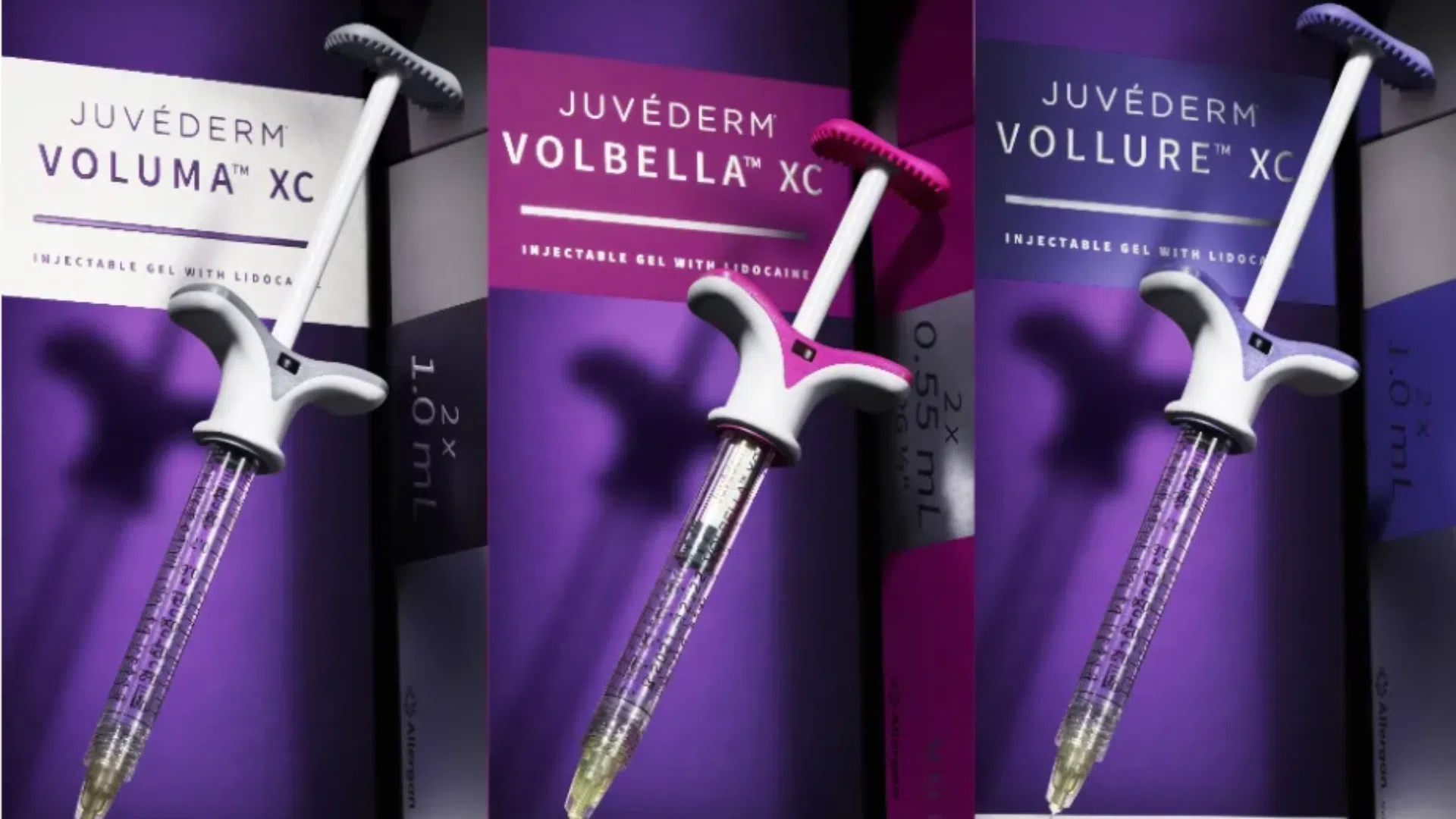 Three Juvederm HA dermal fillers: Voluma XC, Volbella XC, and Vollure XC.