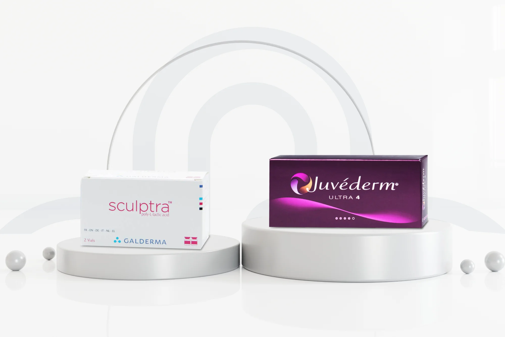 Two skincare product boxes are displayed on round white platforms. The box on the left is white with the label "Sculptra" and the box on the right is purple with the label "Juvéderm." Both have a clean, modern aesthetic with a gradient background.