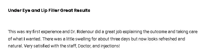 A patient testimonial about their Revanesse under eye and lip filler treatments.