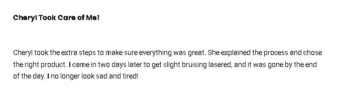 A patient testimonial sharing their experience with Revanesse under eye treatment.