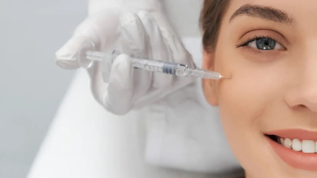 An individual receiving an injection in their cheekbone region.
