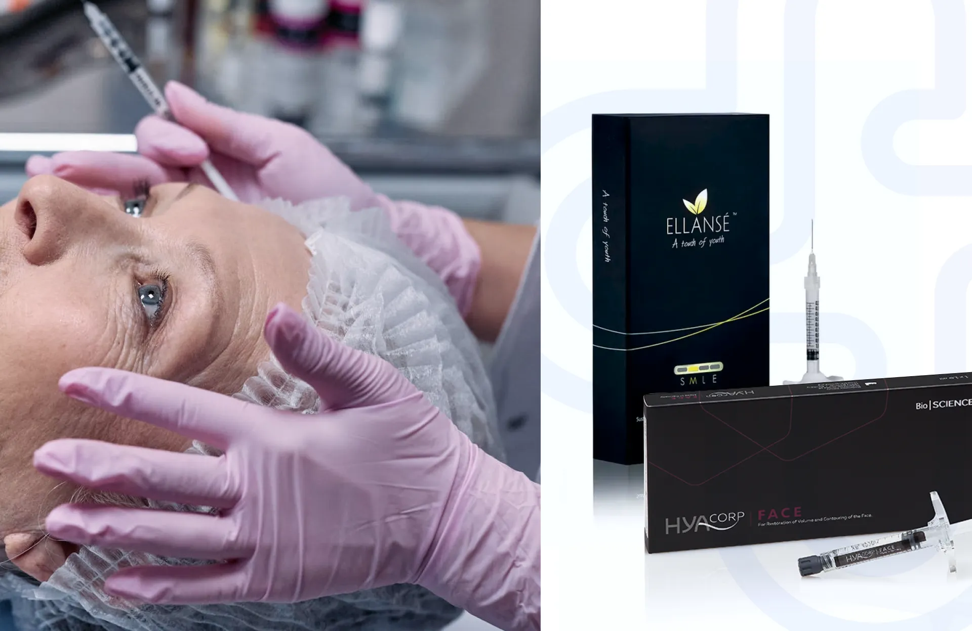 A person is lying down, having a cosmetic injection procedure administered by someone wearing pink gloves. Next to this scene, there are boxes of cosmetic products, including a box labeled "Ellansé" and another for "Hyacorp Face," with accompanying syringes.