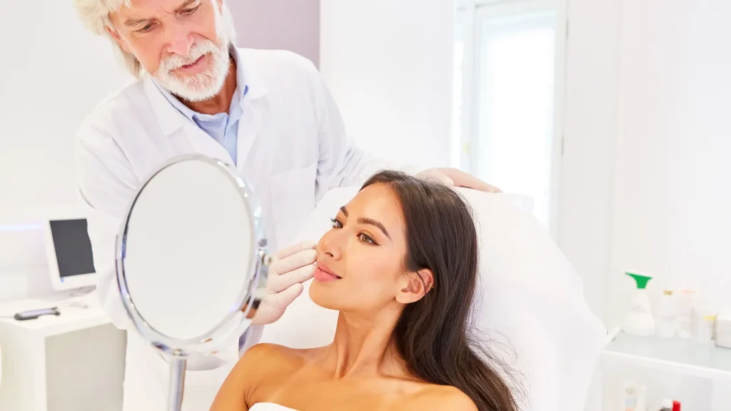 A medical professional assessing the patient's facial region.