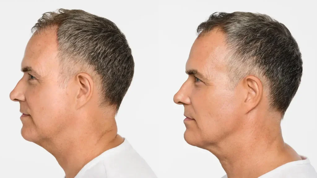A Radiesse (+)-treated patient's before and after photos of their jawline contour.