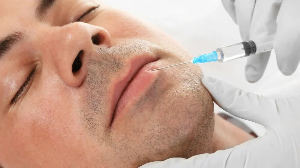 An individual receiving lip injection for aesthetic enhancement.