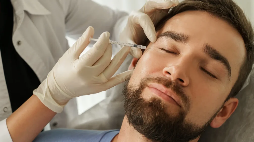 An individual receiving an injection for their facial lines near the eye region.