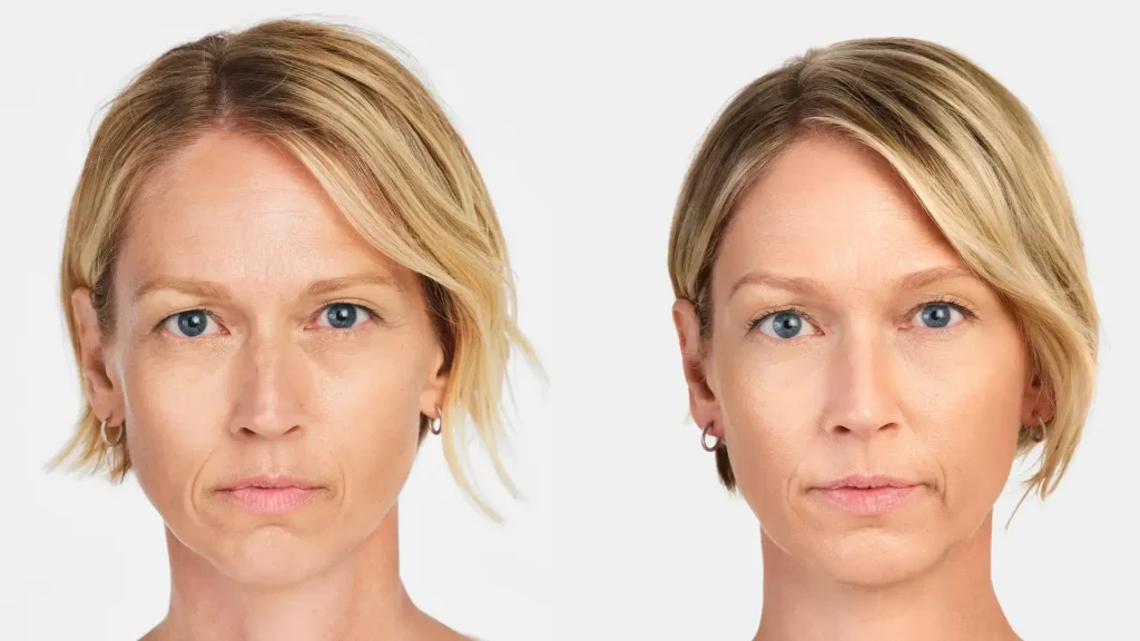 A patient's Radiesse before and after photo of their lower face dermal filler treatment.