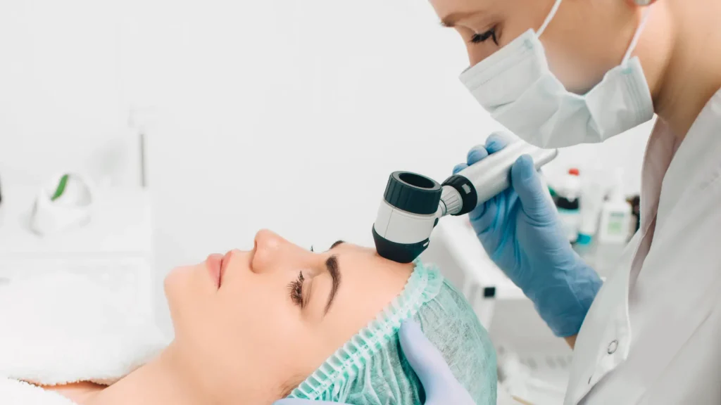 A licensed professional examining a patient's facial region.