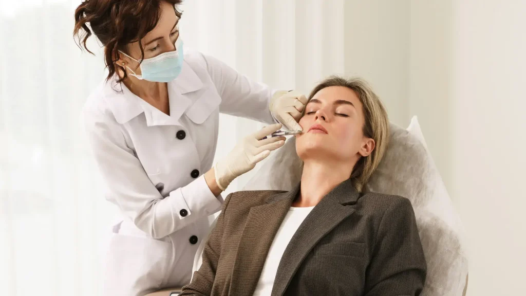 A licensed aesthetic professional administering a dermal filler injection to a patient.