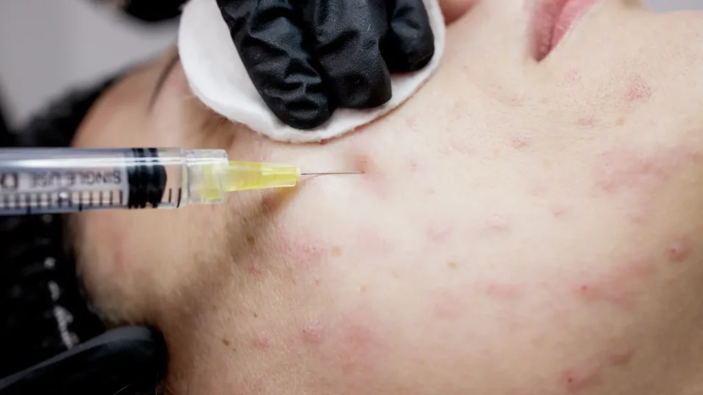 A medical professional performing micro-injections into the patient's mid-face region.