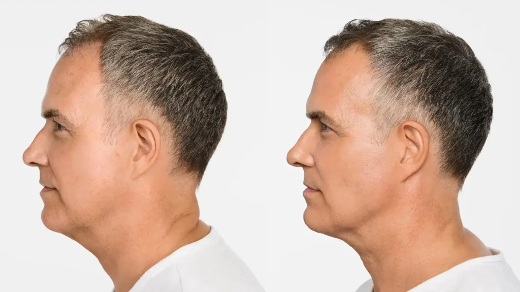 A male individual showing their Radiesse before and after jawline treatment.