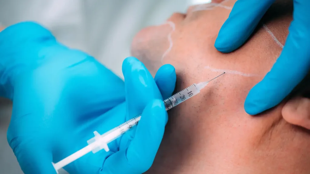 An individual receiving a jawline injection for their contour.