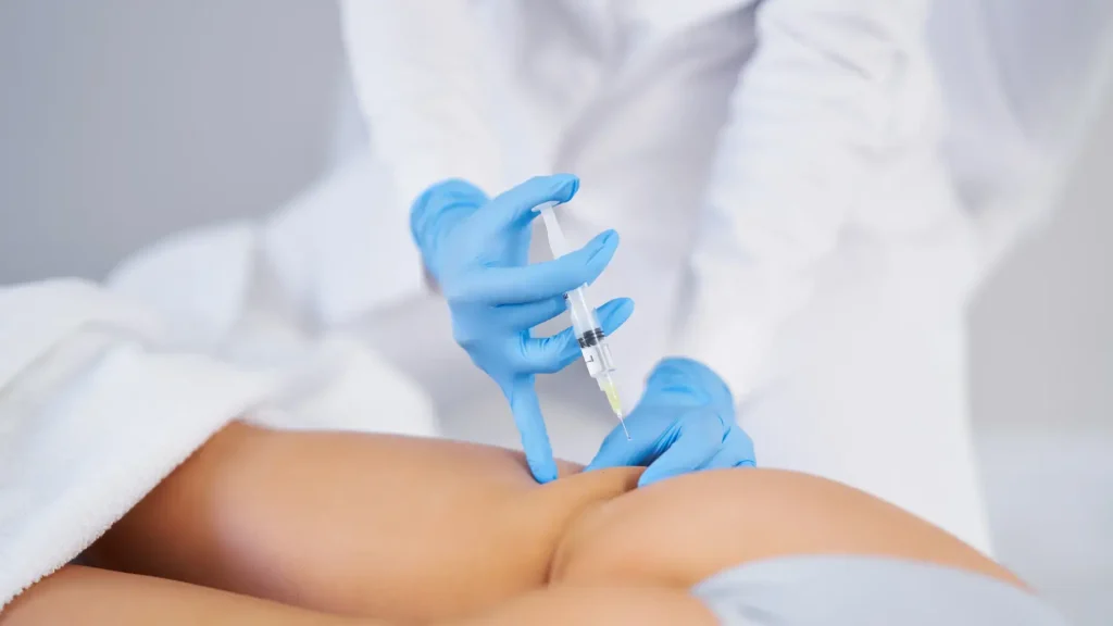 A medical professional administering buttock injection into a patient.