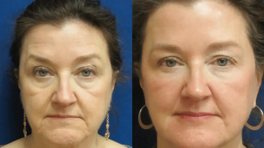A Xeomin-treated patient's before and after photo of their facial skin treatment.