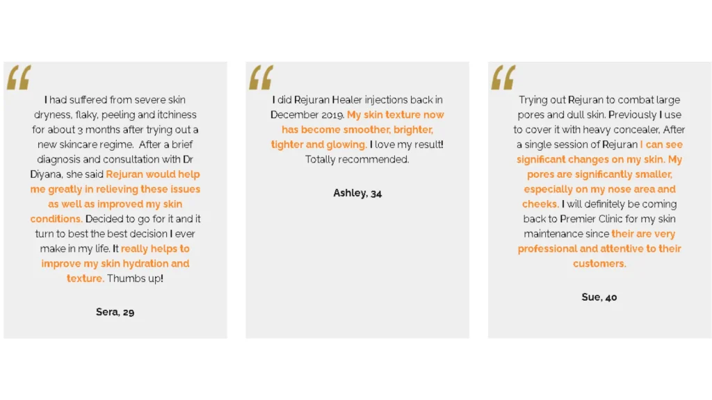 Patient testimonials from Premier Clinic about their effective Rejuran Healer treatments.