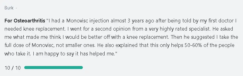 A patient's positive experience after their Monovisc knee injection treatment.