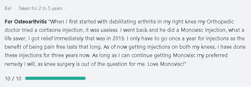 A patient sharing their satisfying experience after their single-injection therapy of Monovisc.