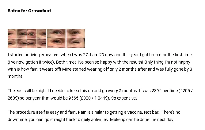 A Botox patient's review about their successful crow's feet treatment.