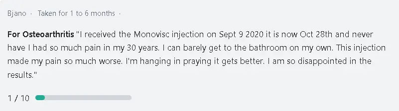 A patient sharing their negative encounter with Monovisc knee injection.