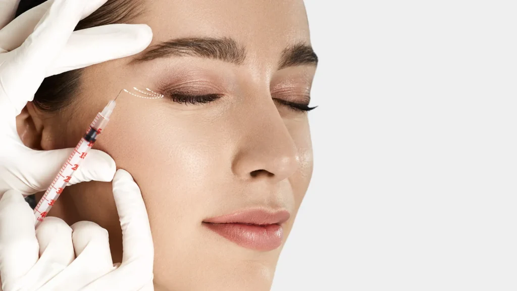 An individual receiving an injection into near their eye region.