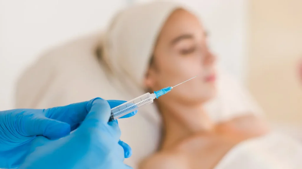 A close-up shot of a medical syringe for facial treatment.