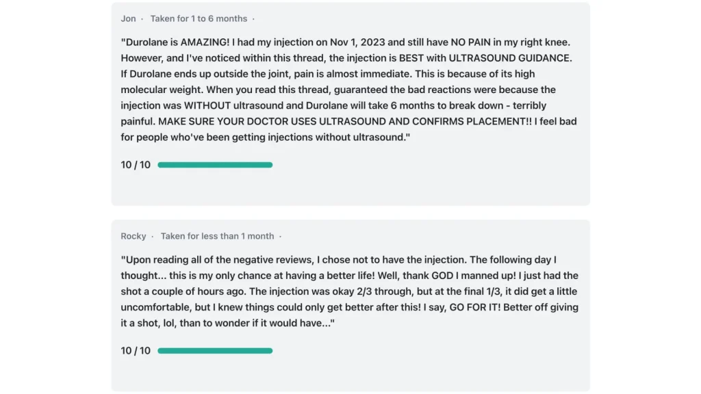 Patients' testimonials after their Durolane injection therapies.