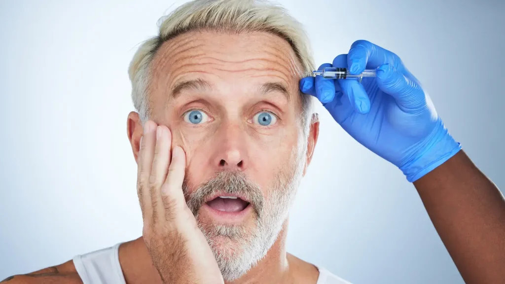 An individual receiving a botox injection for their horizontal forehead lines.