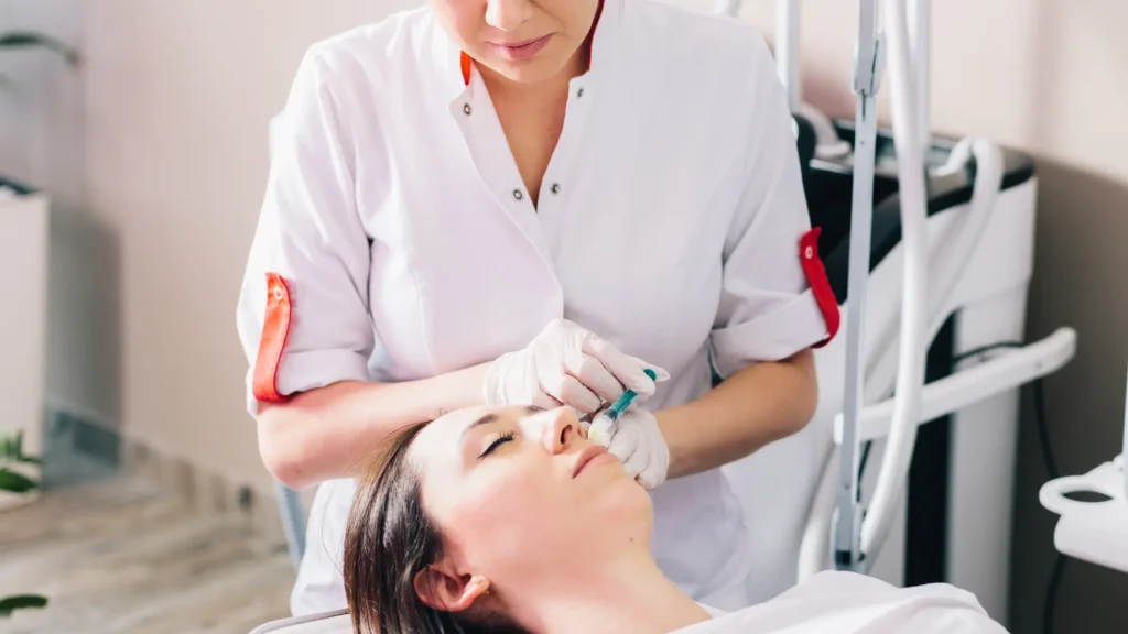 A medical professional administering an injection into a patient's facial region.