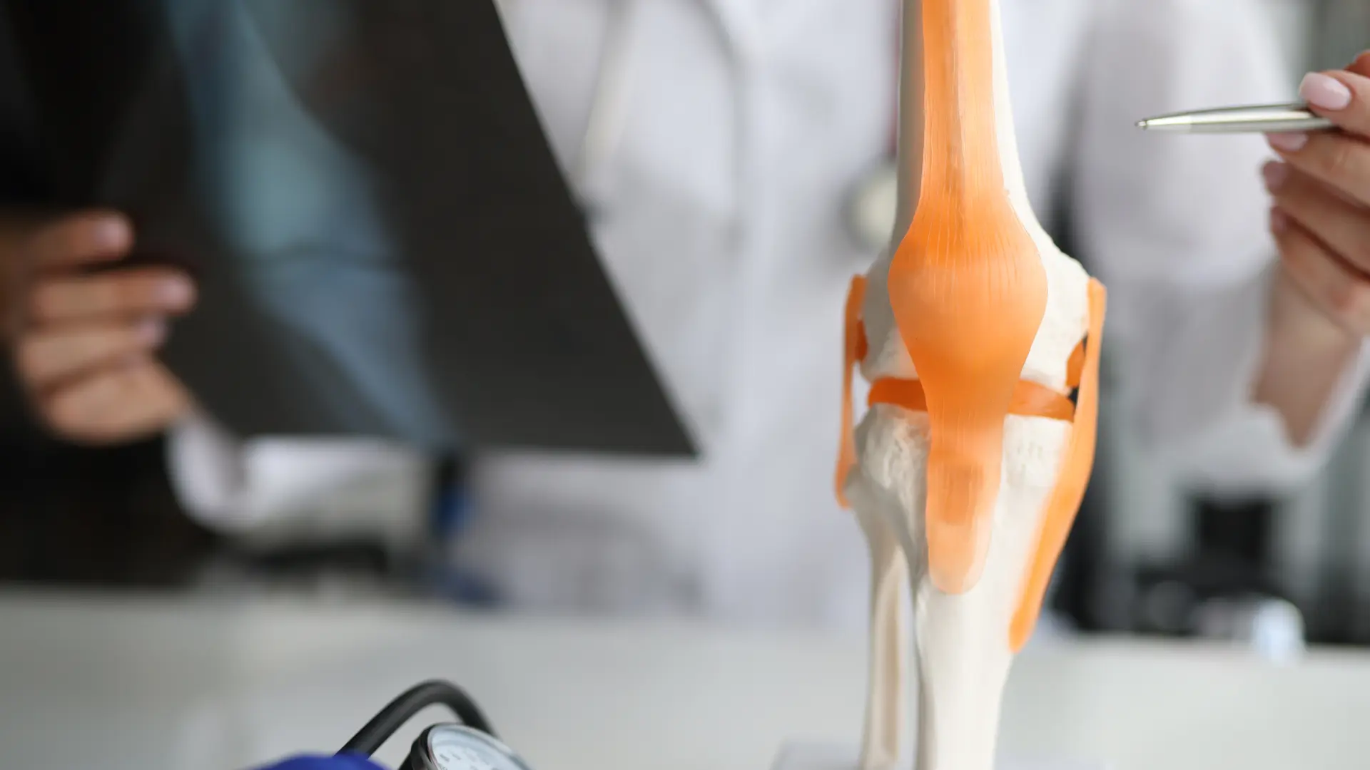 A medical practitioner explaining about the knee during a consultation.