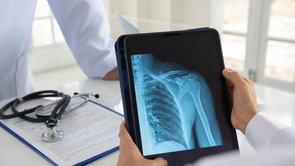A patient's x-ray of their shoulder being examined by a medical professional.