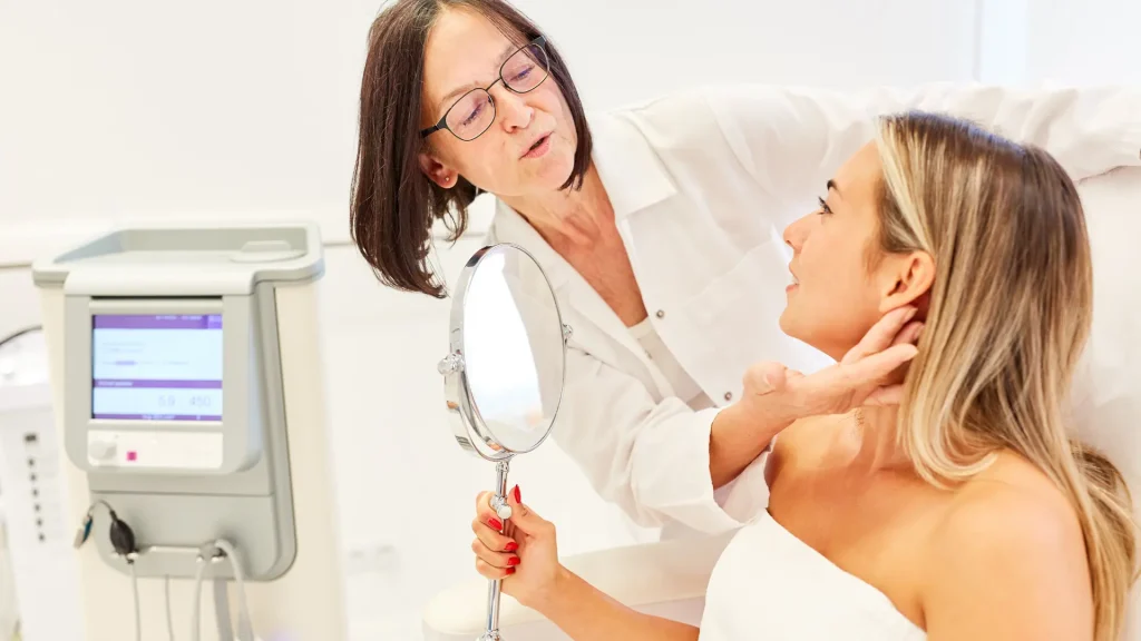 An individual undergoing an examination with a medical professional.