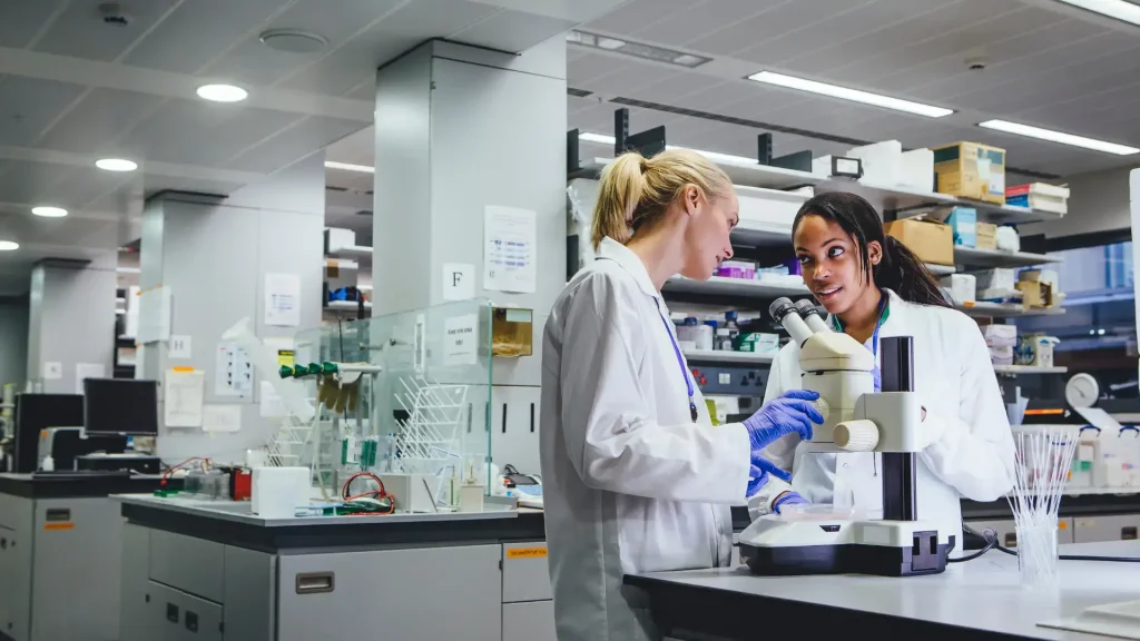 Medical experts in a clinical laboratory.