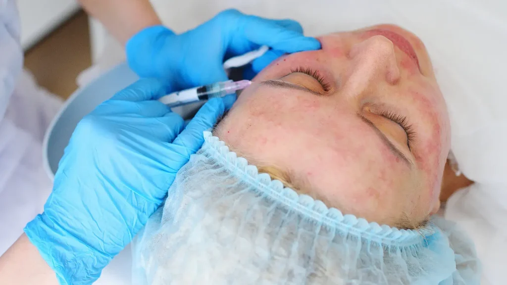 A medical professional administering microinjections in an individual's facial region.