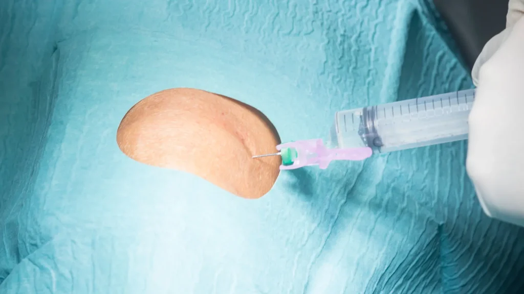 A knee injection being administered by a medical professional.