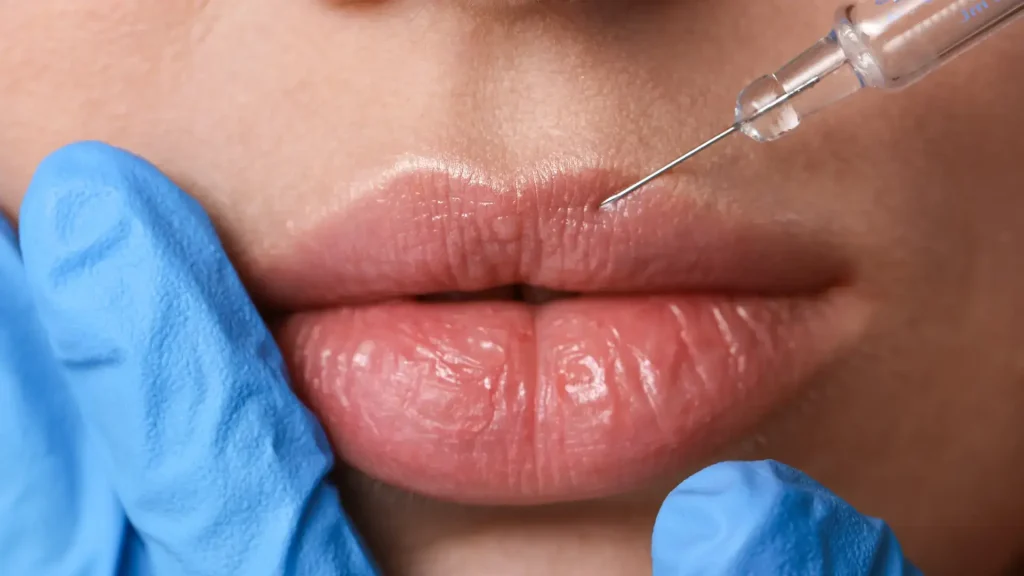 A medical professional administering an upper lip injection.