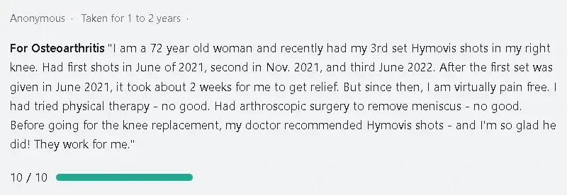 An older individual sharing their effective Hymovis treatment results.
