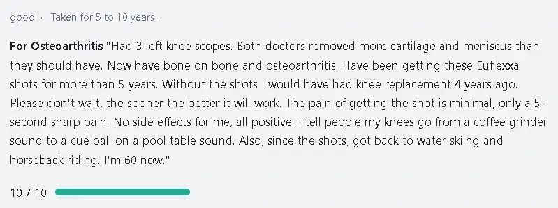 An Euflexxa-treated patient's testimonial about their impressive knee osteoarthritis relief results.
