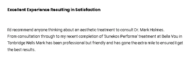An individual sharing their Sunekos Performa treatment satisfaction.