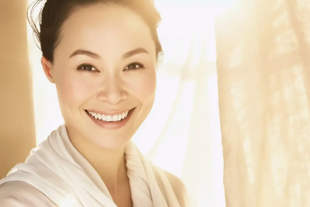 A woman with a smooth, firm, and clear facial skin.