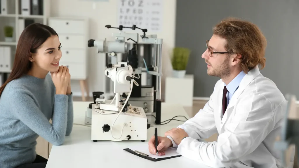 A doctor and patient eye consultation.